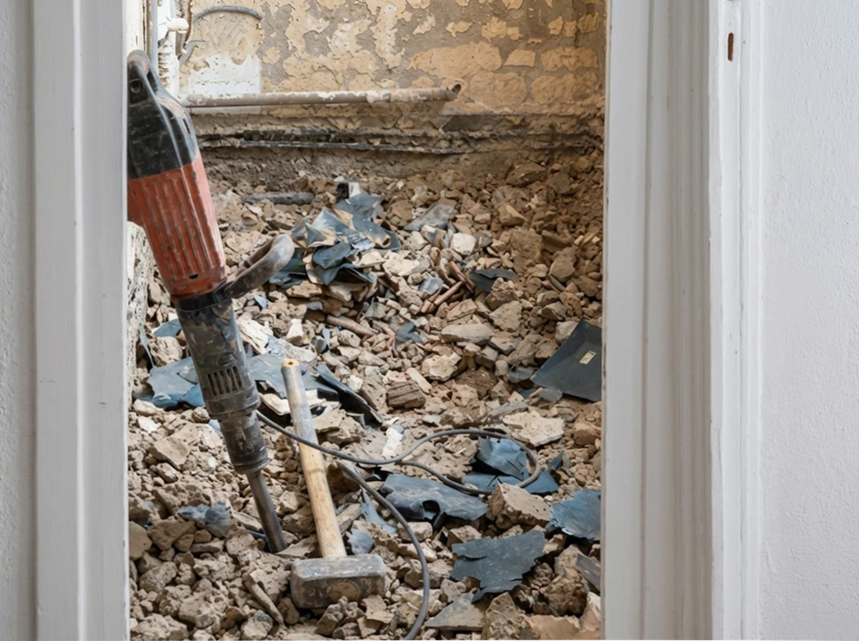 Atelier de menuiserie avec artisan utilisant une scie circulaire sur table pour d&eacute;couper une planche de bois